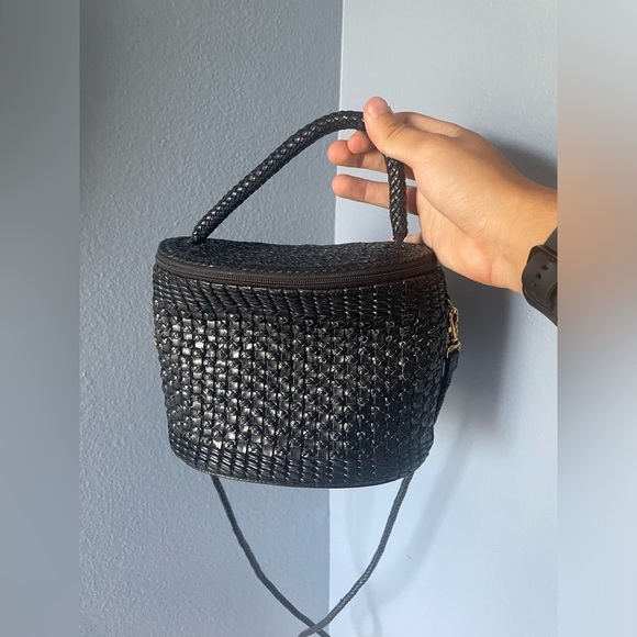 Vintage🖤woven leather bag top handle basket bag black shoulder bag crossbody - Picture 12 of 16